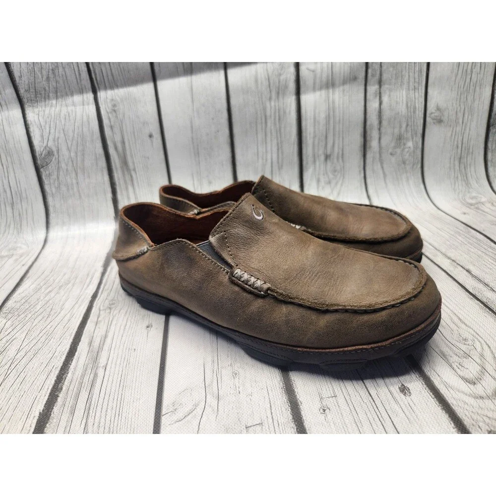 OluKai Moloa Shoes Men's 8.5 Brown Leather Slip On Casual Loafers Moccasin